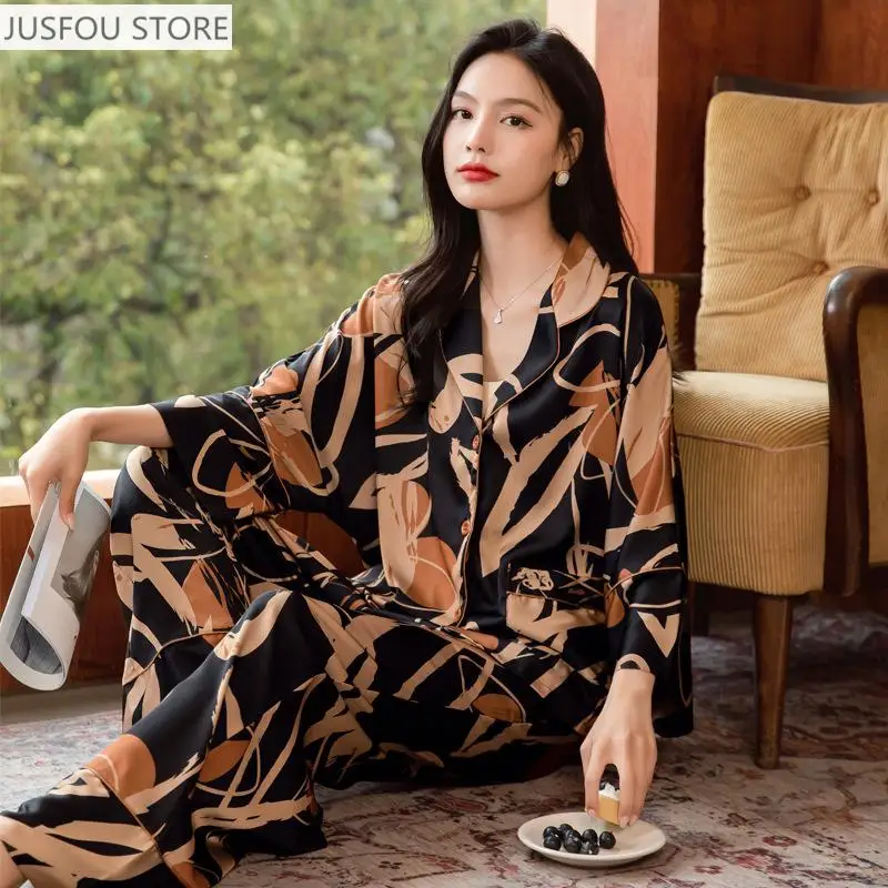 

Spring Women's Ice Silk Thin Pajamas Set Imitation Silk Long Sleeve Top Long Pants Elegant Comfortable Soft Homewear Loungewear