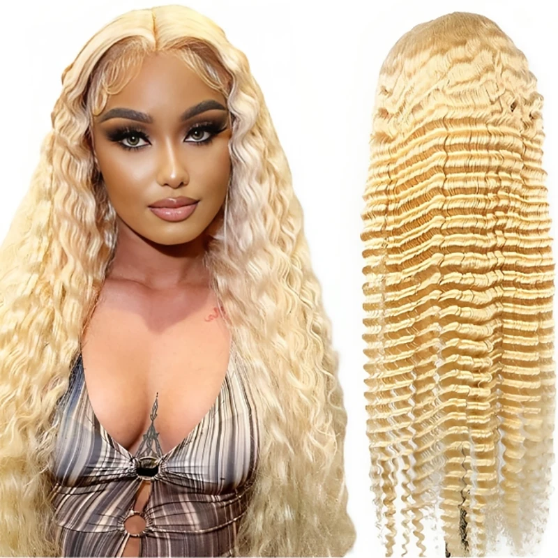 

Brazilian deep wave 13x6 hd lace frontal human hair wig for women 30 40 inch 613 honey blonde curly cheap wigs on sale clearance