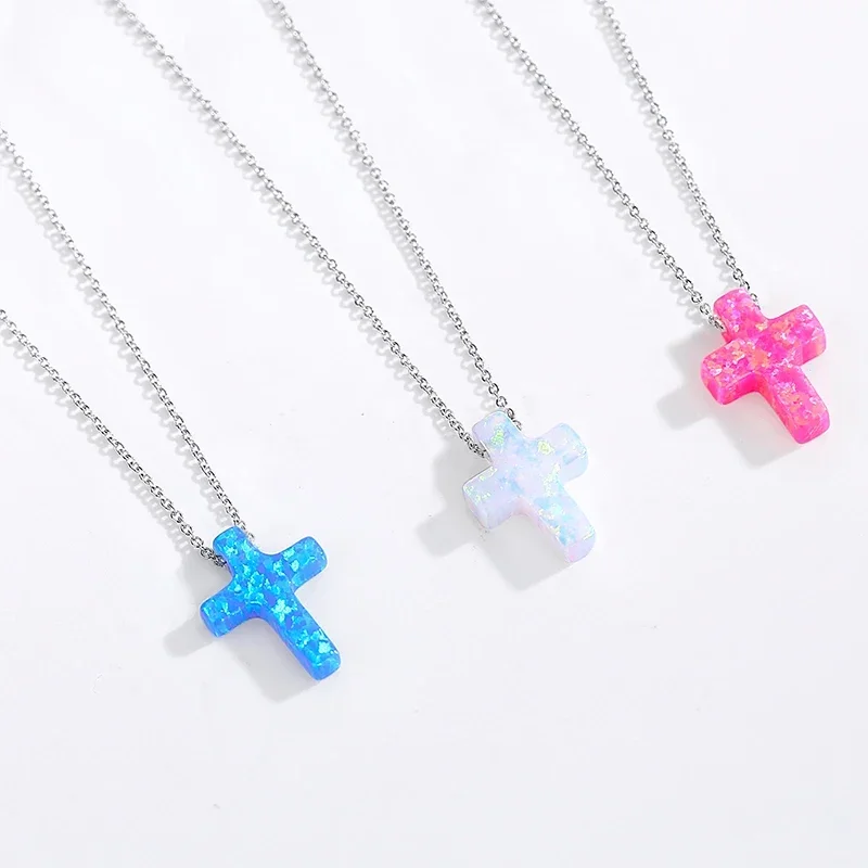 TONGZHE Opal Necklace Silver 925 Sterling Necklace Woman Blue Cross Chains Jesus Charm Opal Necklace Pendants Women&30