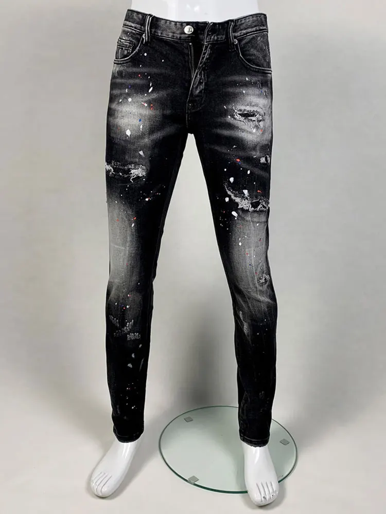 

Designer High Street Fashion New Men's Jeans with Wrinkle, Painted, Washed, Stretch, Slimming, Retro Jeans, Hip Hop Brand Black
