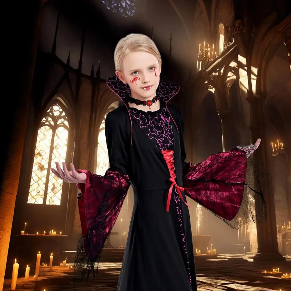Mädchen Vampir-Königin Cosplay Langes Kleid Gotisches Kleid mit ausgestellten Ärmeln Kinder Halloween Karneval Rollenspiel Kostüm Outfit – Detail 4