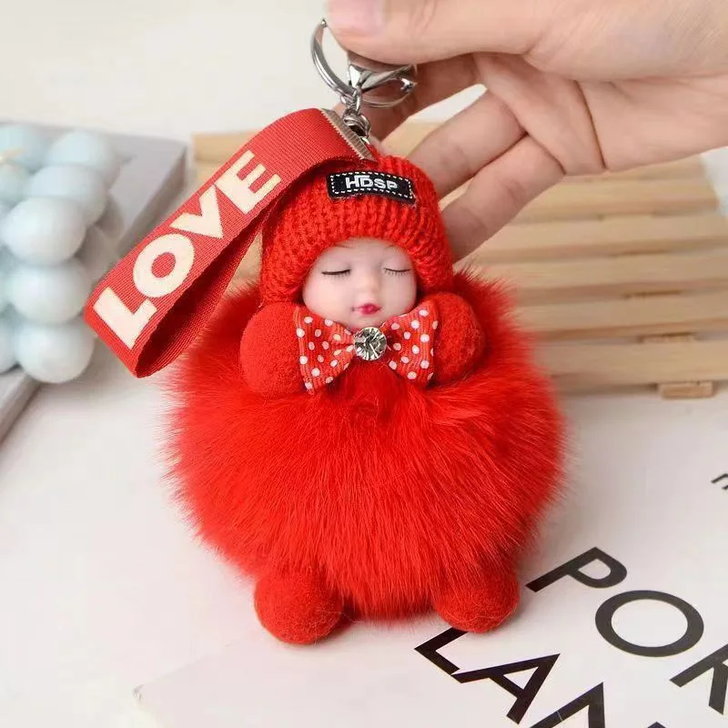 Cute Fluffy Plush Doll Keychains Lovely Pompom Sleeping Baby Keychain Girl Bags Keyrings Cars Key Ring Gift Charming Decoration