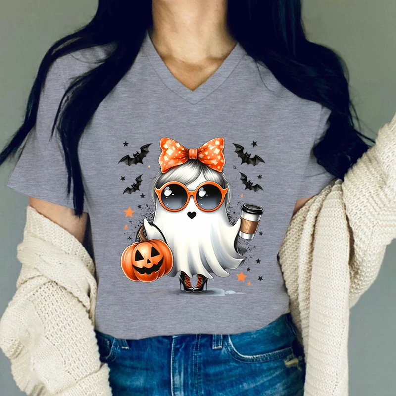 Halloween Ghost Graphic T Shirts Women Pumpkin Coffee Lovers T-shirt Fashion Ghost Print Woman Funny Halloween Casual T-shirts