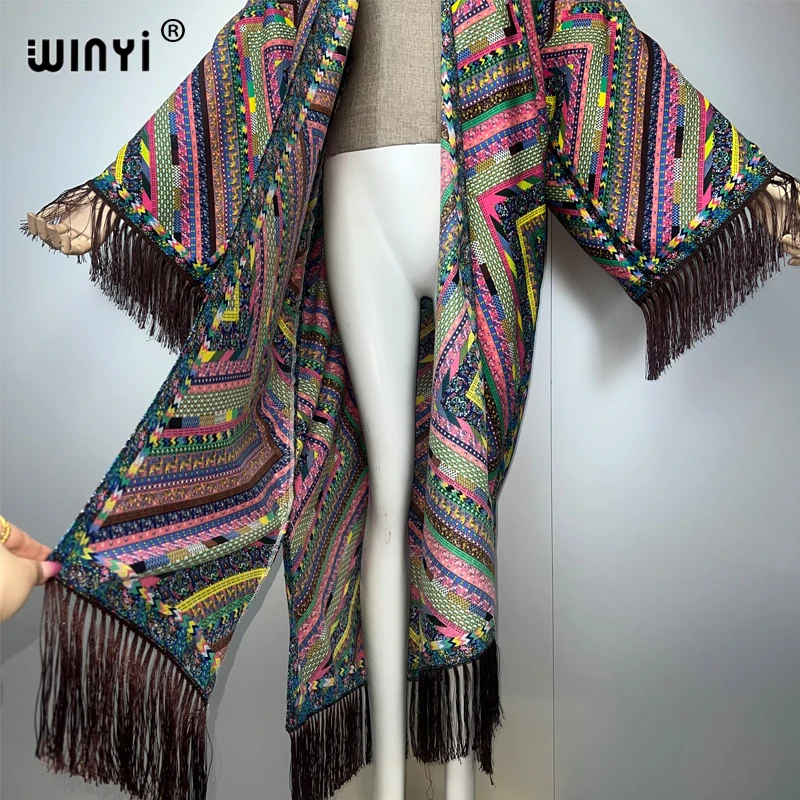 WINYI كيمونو الصيف بيكيني للشاطئ التستر مثير شرابة سترة عطلة كم طويل فستان ماكسي ملابس الشاطئ النساء 2025 المعطف معطف