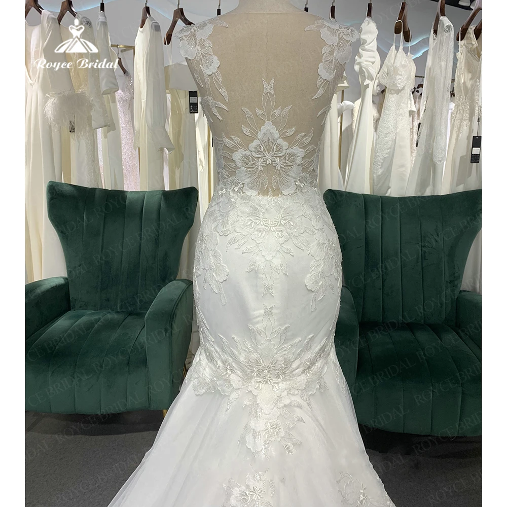 Luxo elegante rendas apliques lantejoulas sereia vestido de casamento com decote em v tanque volta ilusão tribunal trem vestido de noiva vestidos de noite