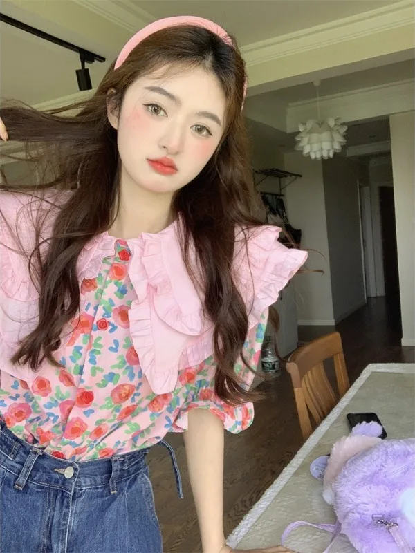 

Loose Floral Print Short Sleeve Shirt Women's Korean Style Casual Breathable Cotton Blend Doll Collar Top Summer New Arrival