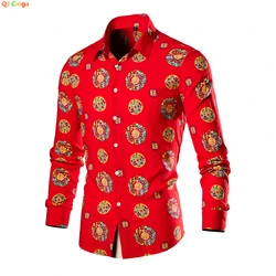 2026 Chinese Style Bright Men's Red Print Long Sleeve Shirt, Single Breasted Lapel Shirts, Green Black Fashion Casual Camisa