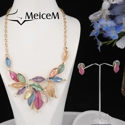 MeiceM Women Enamel Necklace Set New Design Leaf Earrings Jewelry Sets Women's Luxury Necklaces for Women Grandmother Gifts 2022