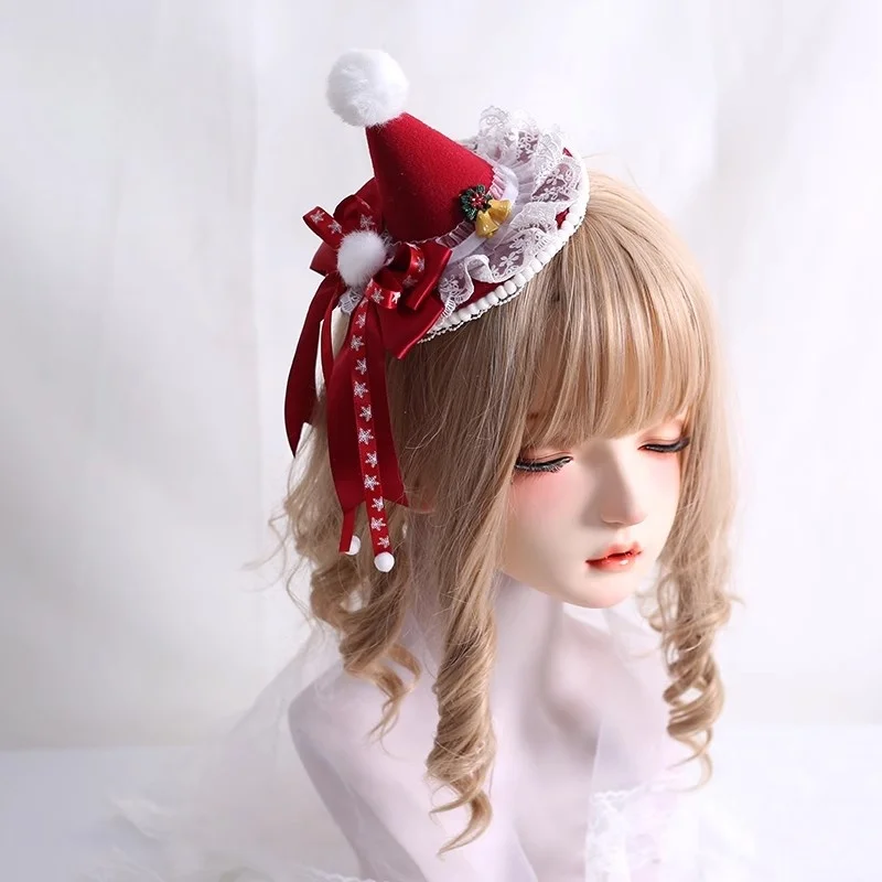 Novo chapéu de natal artesanal original doce bonito lolita renda furball grande arco grampo de cabelo natal pequeno presente chapéu