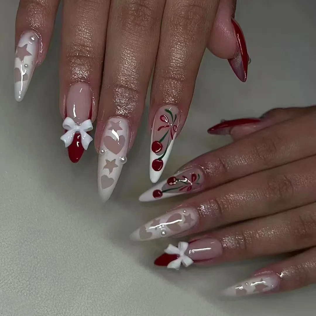

24PCS Simple Red French Press on Nail Art with 3D Bowknot Pearl Design Sweet Cherry Star Fake Nails for Women Almond False Nails