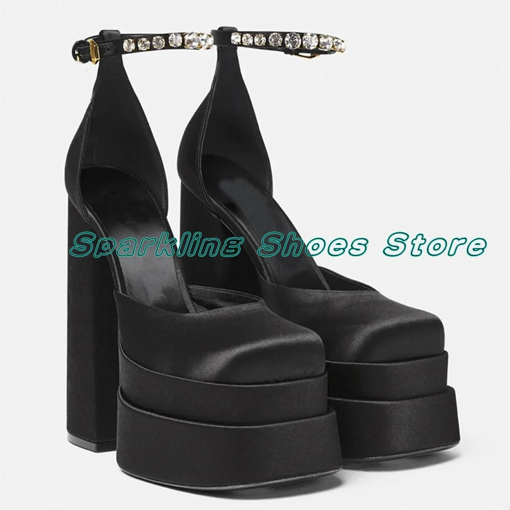 Różowe Solidne Sandały Square Toe High Heels Platform Ankle Buckle Strap Cover Heel Narrow Band Silver Rhinestone Women Fashion New