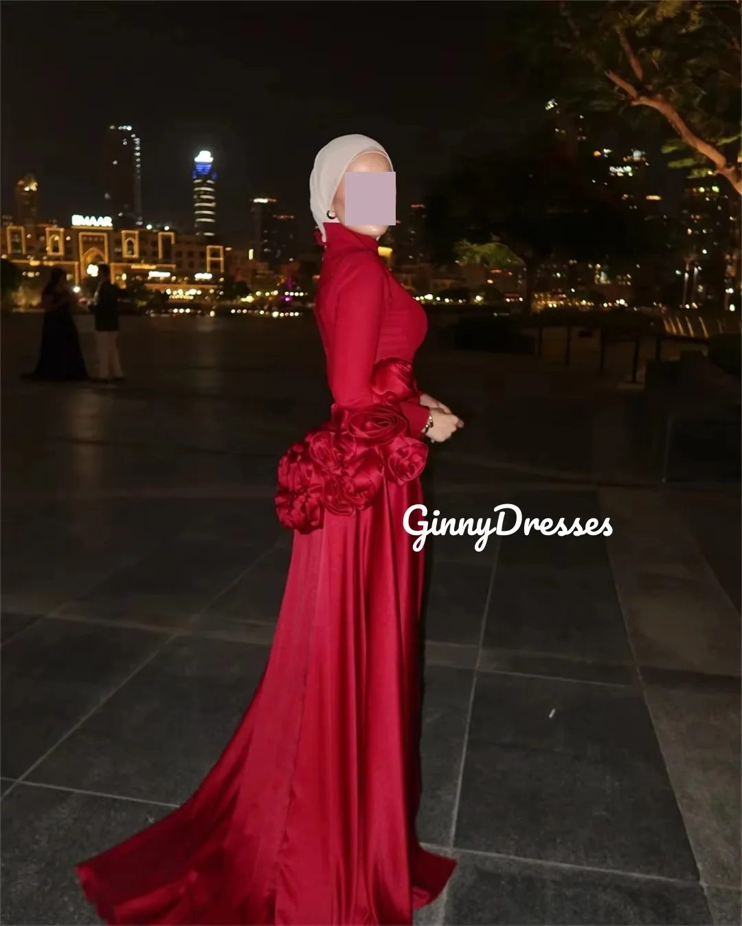 تخصيص فساتين السهرة الأحمر ألف خط عالية مغرفة العنق الطابق طول فساتين السهرة الفاخرة الزهور سستة حتى الأكمام الطويلة الرسمية #3