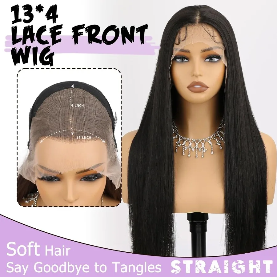 باروكة صناعية بدانتيل أمامي للنساء ذوات البشرة السمراء مع نمط مستقيم منزوع مسبقًا وشعر أطفال بدون صمغ، مثالية للحفلات واليومية