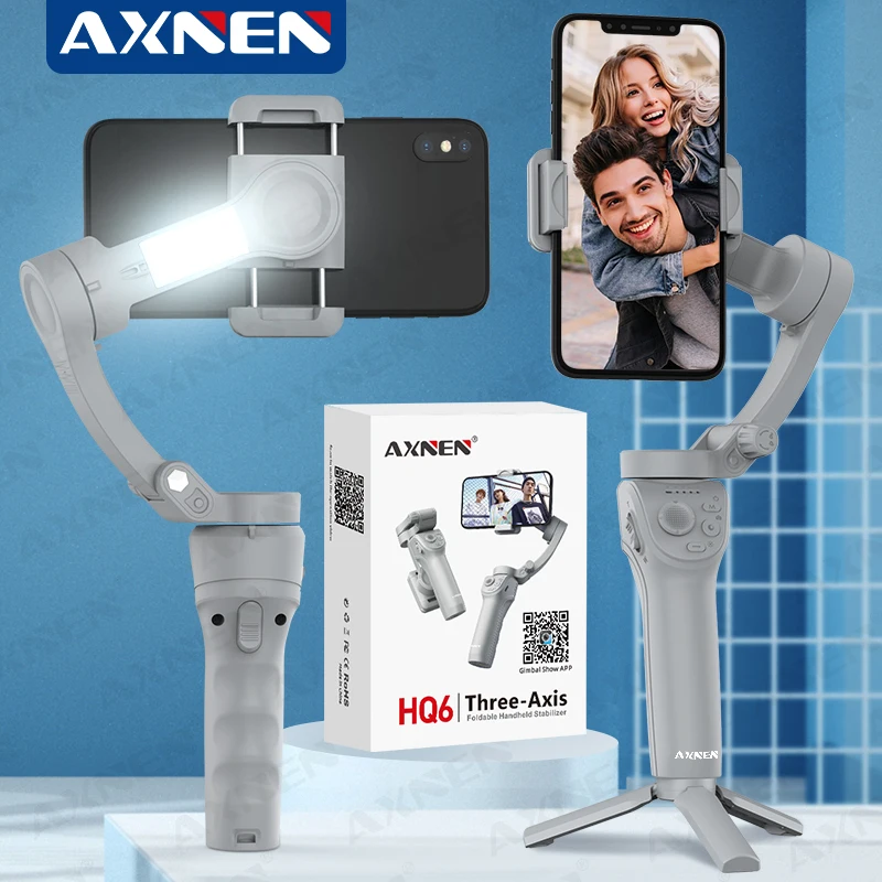 AXNEN HQ6 3-Axis Handheld Gimbal with Fill Light, Mobile Phone Stabilizer for iPhone Samsung Xiaomi Tiktok Anti-shake Video Vlog