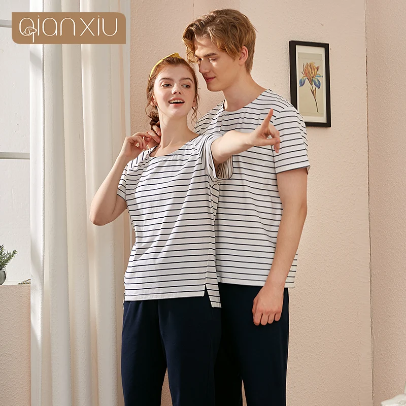 Spring Summer Sleep Tops   Tottoms Cotton Black White Striped Round Collar Short Sleeved Trouser Sleepwear Suit Casual HomeWear