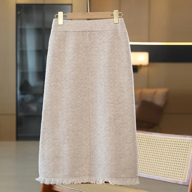 New Chic Women Autumn Winter Wool Skirt Long Straight Tube Skirt 100% Merino Wool Knitwear Grace Soft Dress Korean Style Skirt