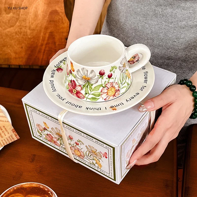 Ceramic Cup Saucer Retro Light Luxury Mug Teacup Cute Water Cup Event Gift Box Espresso Cup Porcelain Spoon Kitchen Drinkware
