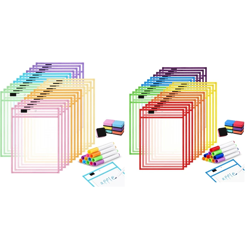 Dry Erase Pocket Reusable Sleeves With Dry Erase Markers & Mini Dry Erase Sleeves For Paper Teacher Classroom