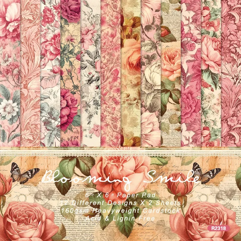 Flor do vintage Patterned Paper Pad, Handmade Floral Backdrop Card, DIY Album Scrapbooking, papel de fundo artesanal, 6 ", 12 Folha