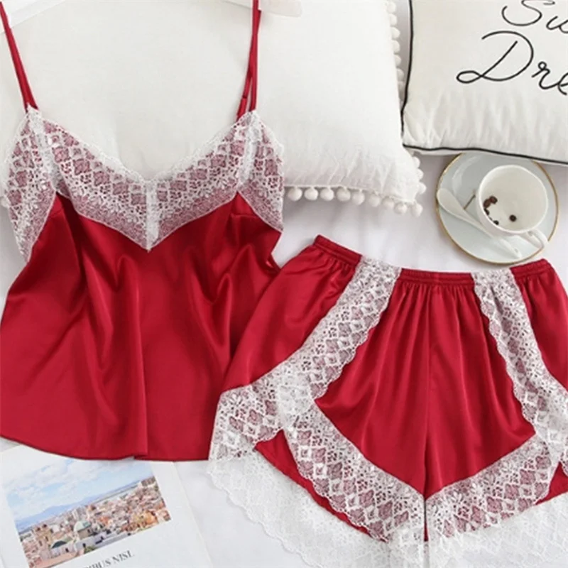 Sexy Lace Splicing Suspender Loose Shorts Two-Piece Pajama Set For Women