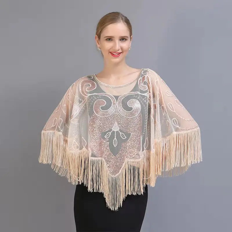 2023 Spring Summer Women Mesh Versatile Capes Sequins Popular Japan Korea Fashion Party Lady Cloaks Poncho Beige