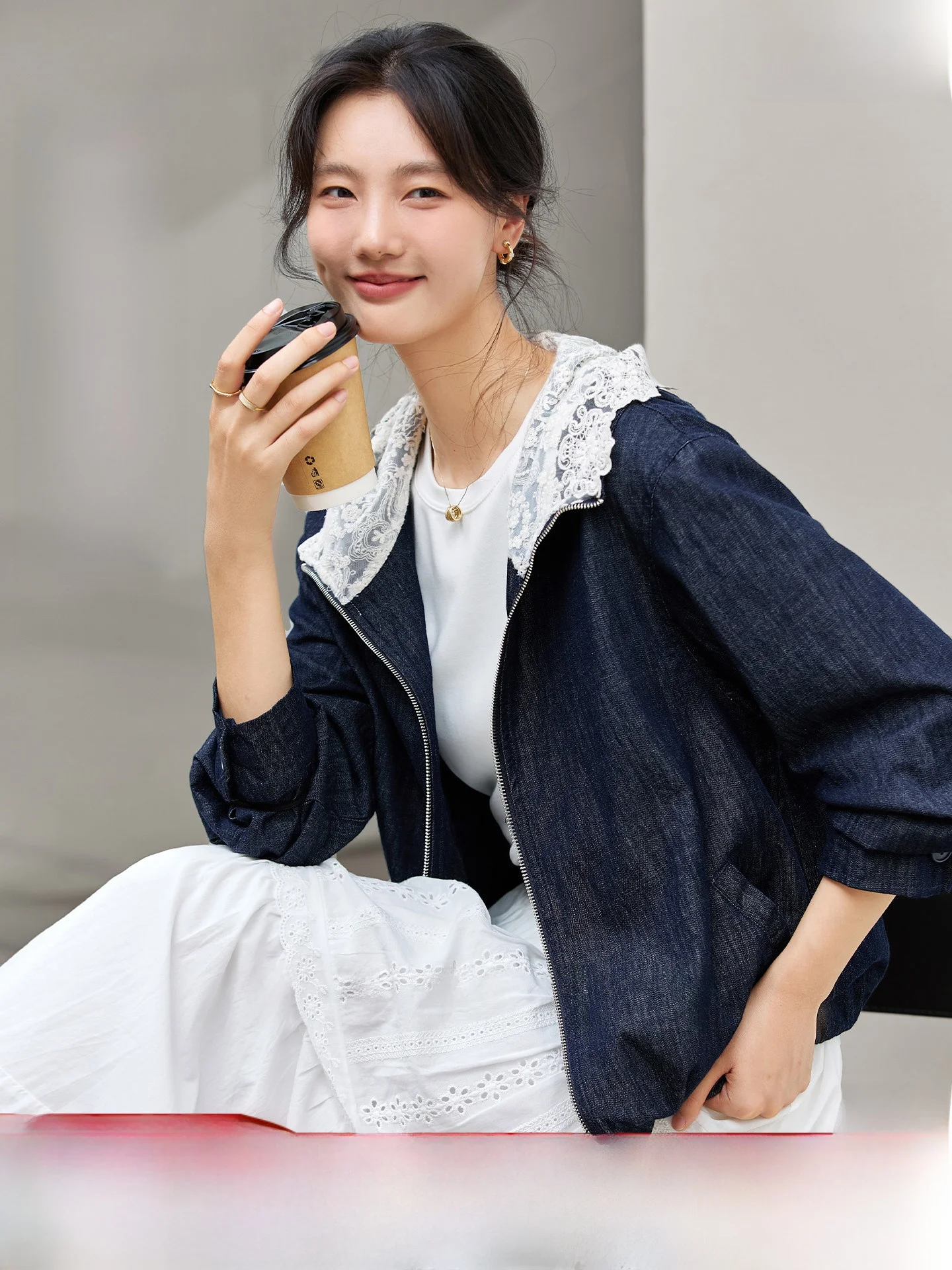 

Waed Denim Jaet Women's Hooded Lace Trim Casual Sle Long Sve Zipper Closure Loose Fit Cotton Outerwear Coat