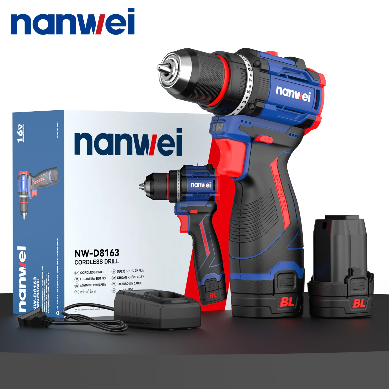 

NANWEI 16V Brushless 2-Speed Impact Lithium-Ion Drill 45N.M Home DIY Drill 10MM Ratchet Wrench Self-Locking Chuck Repair Tool