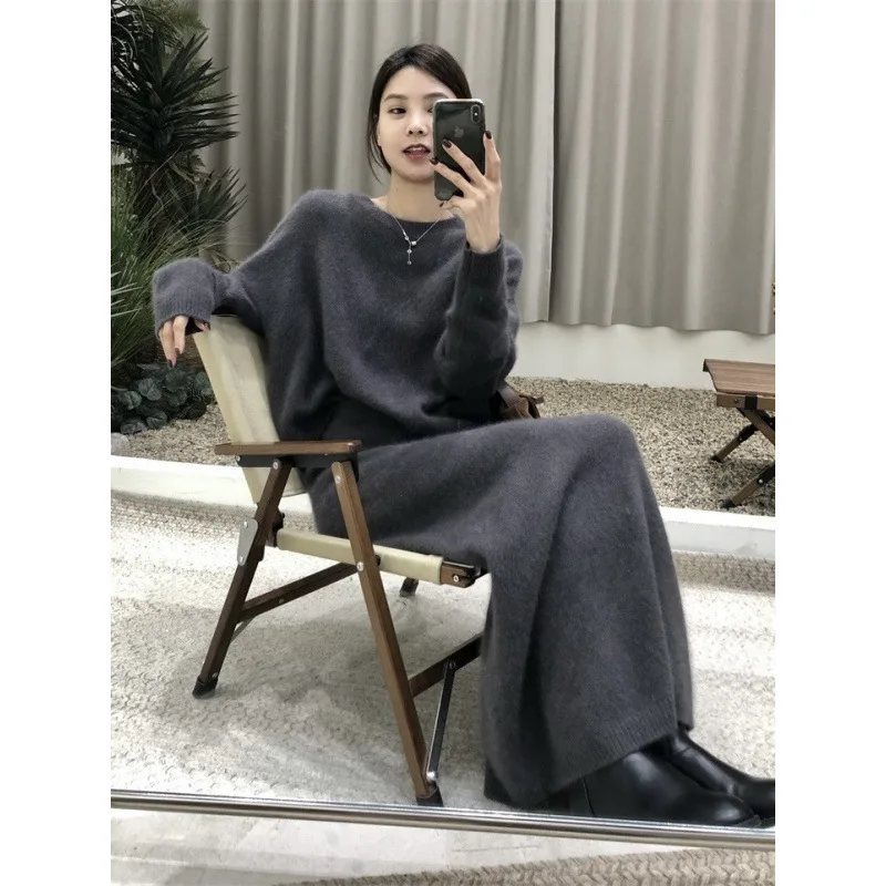 Korean Style Fashionable Lazy Style Gray Sweater Suit for Women Autumn and Winter New Elegant Slim Skirt Knitted Two-Piece Set