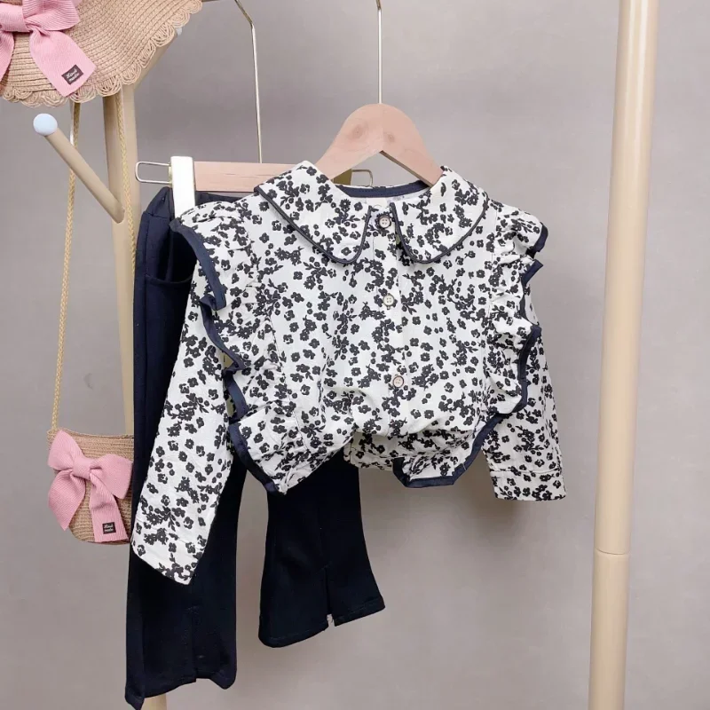 

Fashion Children Girl Clothes Set 2-7Years Toddler Kids Long Sleeve Ruffles Flower Shirt Tops+Flared Pant 2PCS Autumn Outfits