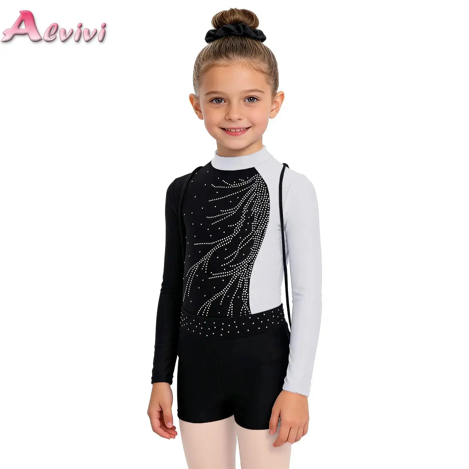 

4Pcs/Set Kids Girls Gymnastics Leotard Outfits Shiny Rhinestones Ballerina Dance Costume Child Bodysuit+Shorts+Bag+Hairband