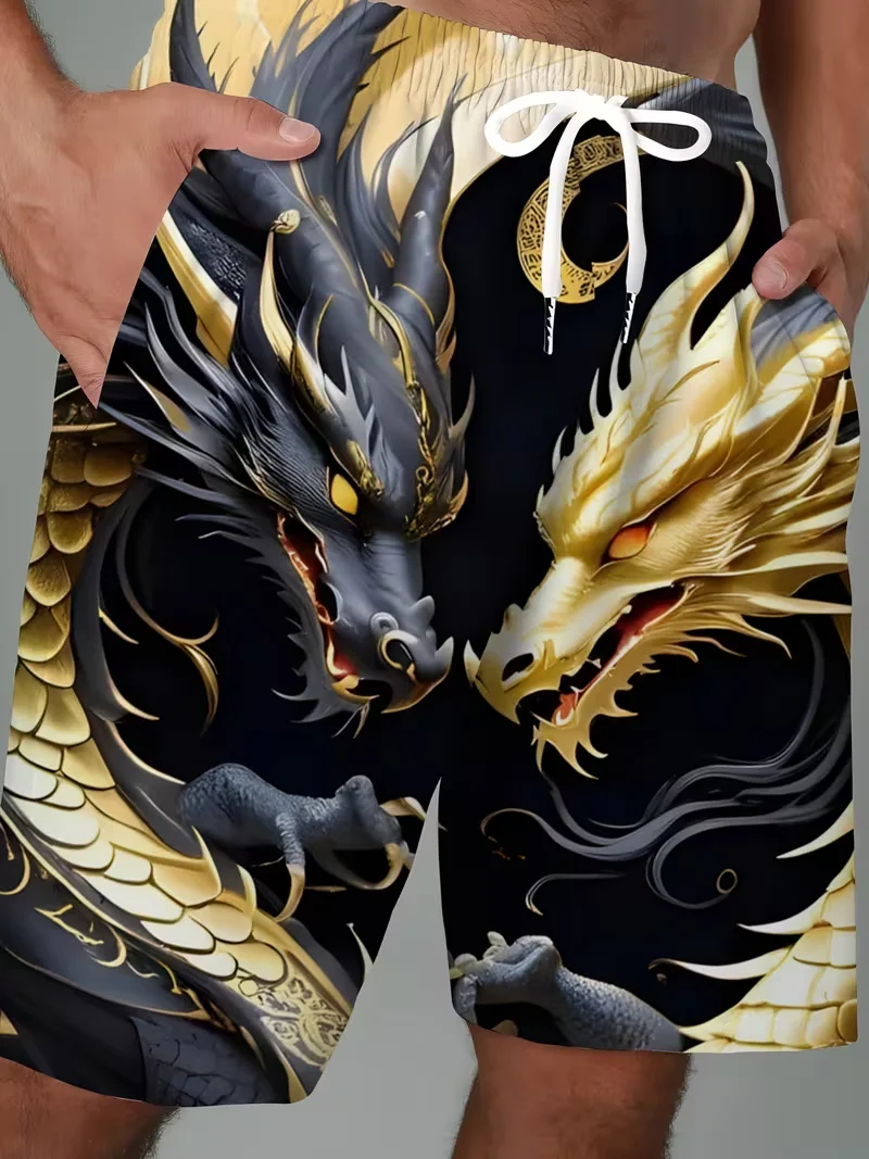Adult and Children Black and Gold Double Dragon Playing with Pearl 3D Printed Beach Shorts, Mighty Quick-Dry Vacation Shorts
