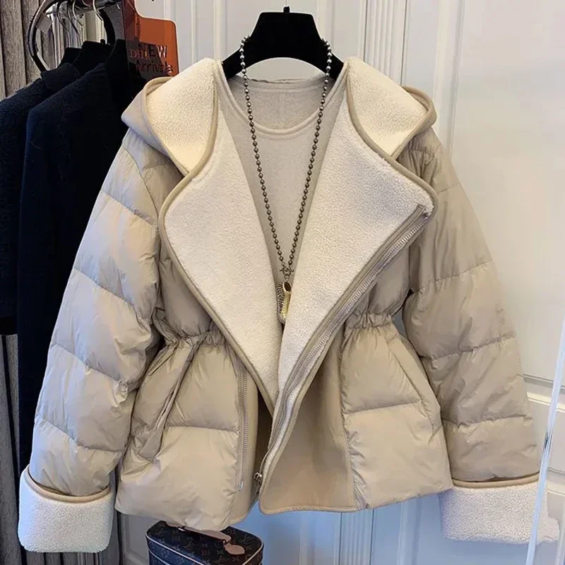 Inverno donna lana di agnello Patchwork Parka femminile Streetwear colletto rovesciato capispalla spessa calda allentata giacca imbottita in cotone con cappuccio