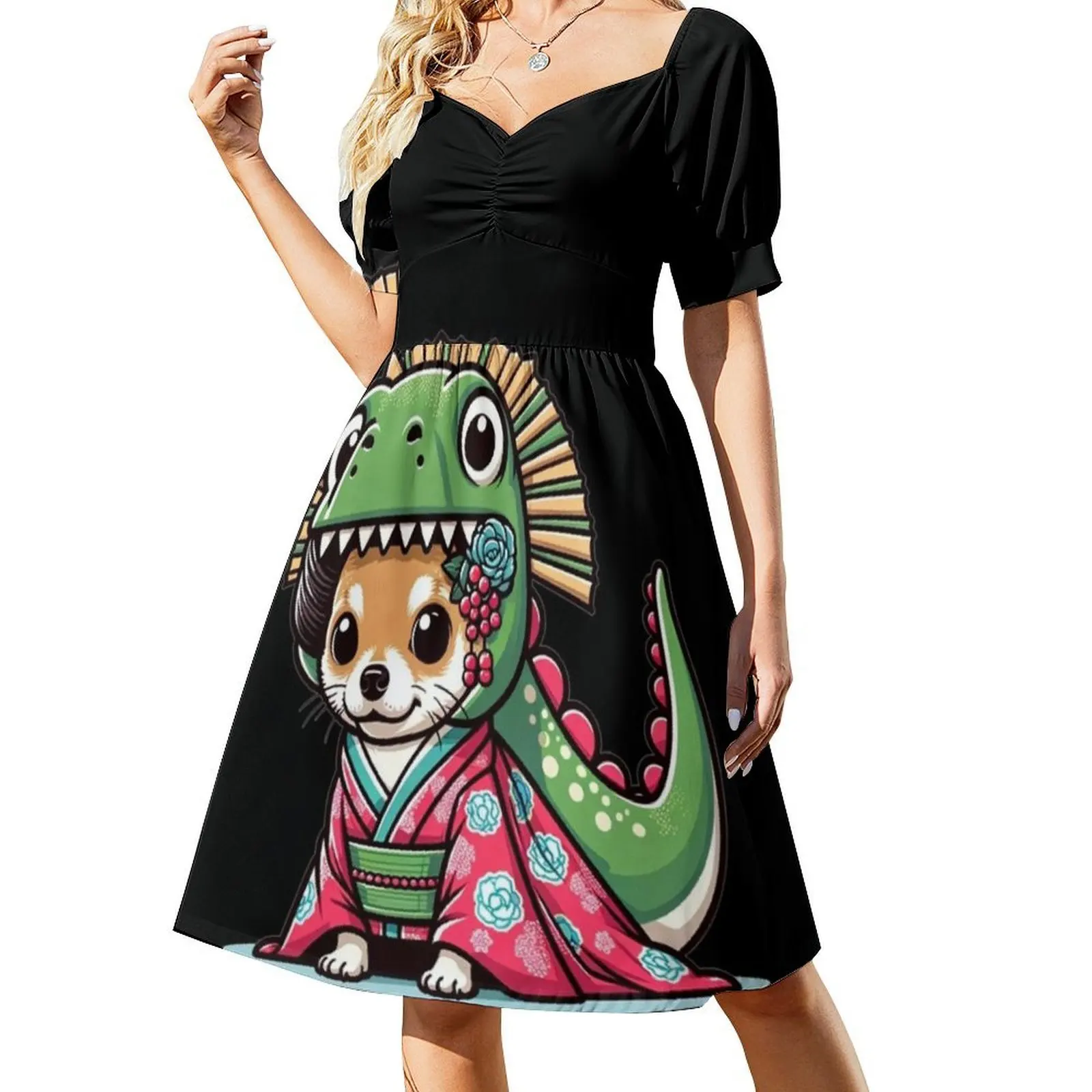 Pup Folly Abito senza maniche bohémien Multi-stampa Abito da festa per le vacanze al mare Chihuahua Dinosauro Grafica Divertimento Abiti da festa per cani Dino