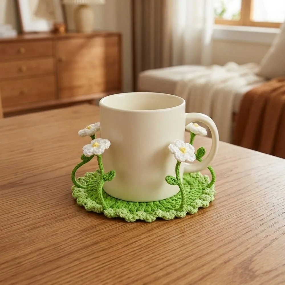 Creative Cotton Yarn 3D Floral Cup Mat Round Handmade Crochet Coaster Soft Heat Resistant Knitted Floral Mat for Kitchen