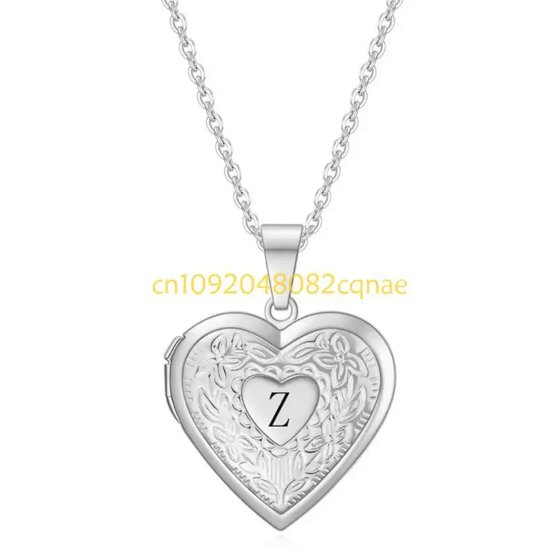 Heart Shaped Pendant Clavicle Chain Photo Locket Necklace Letter Charm Steel Jewelry for Special Occasion