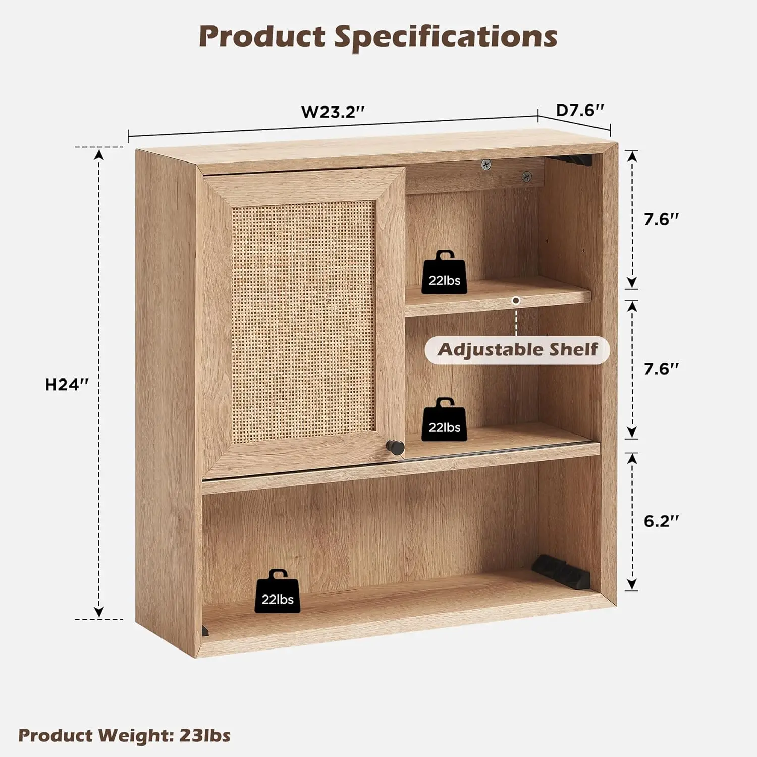 Natural Rattan Armário De Parede Do Banheiro, Modern Boho Medicine Cabinet com Porta Deslizante e Prateleiras Ajustáveis, Gabinete De Armazenamento De Carvalho