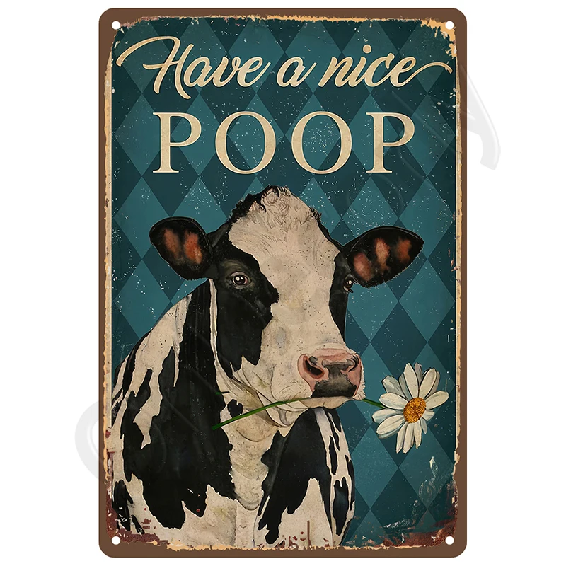 Vintage Aluminium Funny Cow Daisy Tin Sign, Teal Diamond Background Bathroom Humor Wall Decor for Farmhouse Restroom Home