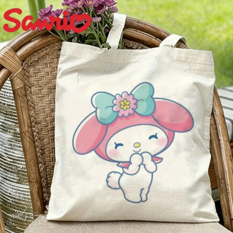 

1PC Sanrio My Melody Canvas Tote Bag Double-sided Flower Bow Print Eco-friendly Reusable Shoulder Bag
