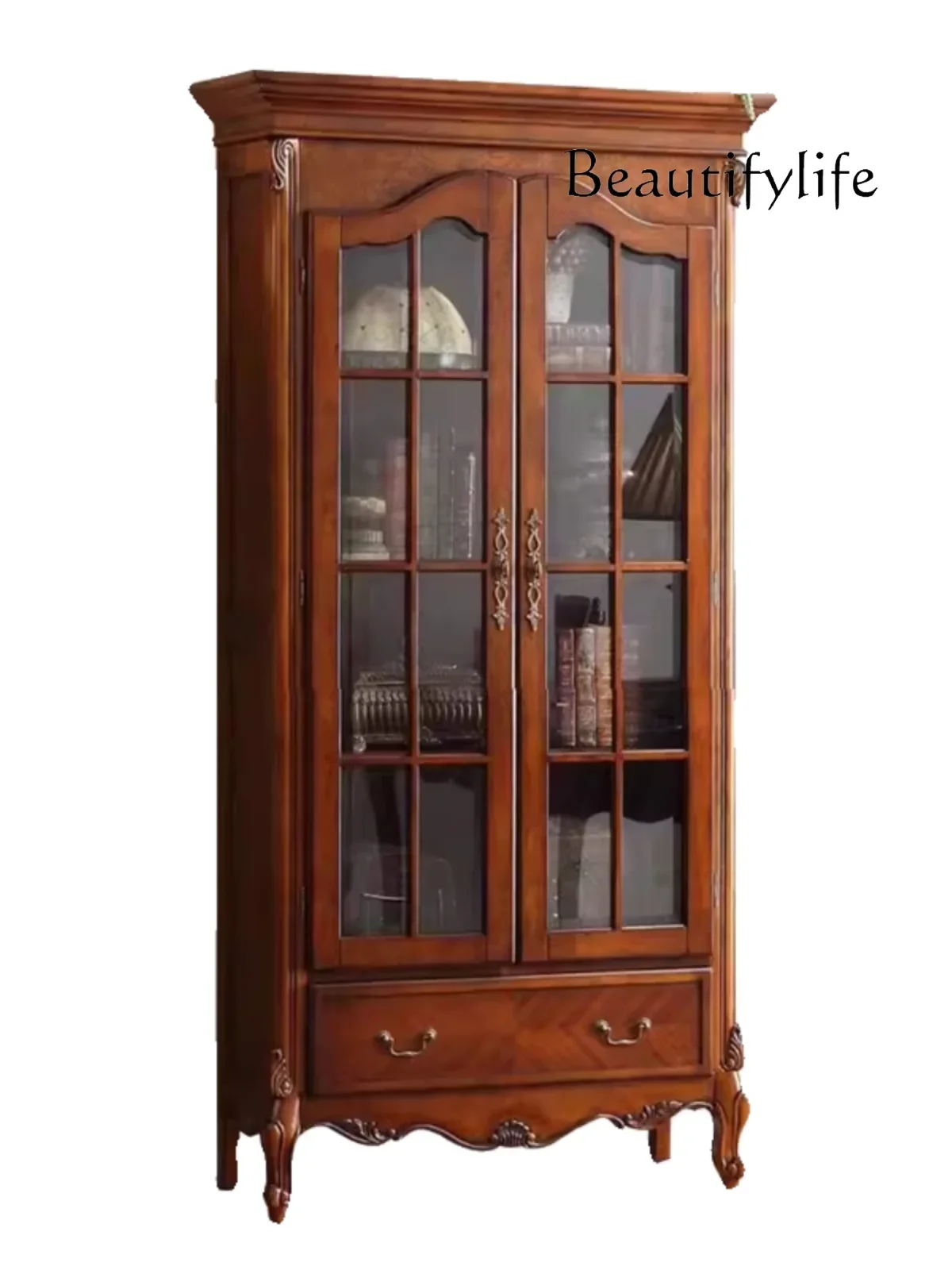 

American Country Solid Wood Bookcase Bookcase Home Glass Display File Storage Cabinet Study Furniture