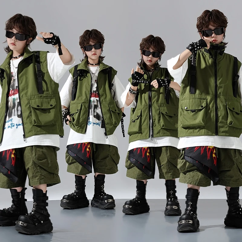 

New Street Dance Suit Boys Hip-hop Clothes Streetwear Jazz Dance Costumes Green Top Shorts Stage Outfit Catwalk Wear DQL11018