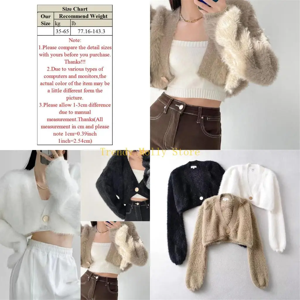 

N5KB Furry Warm Coat for Women Girls Solid Casual Outwear Soft Long Sleeves Short for Jacket Loose Button Knit Crop