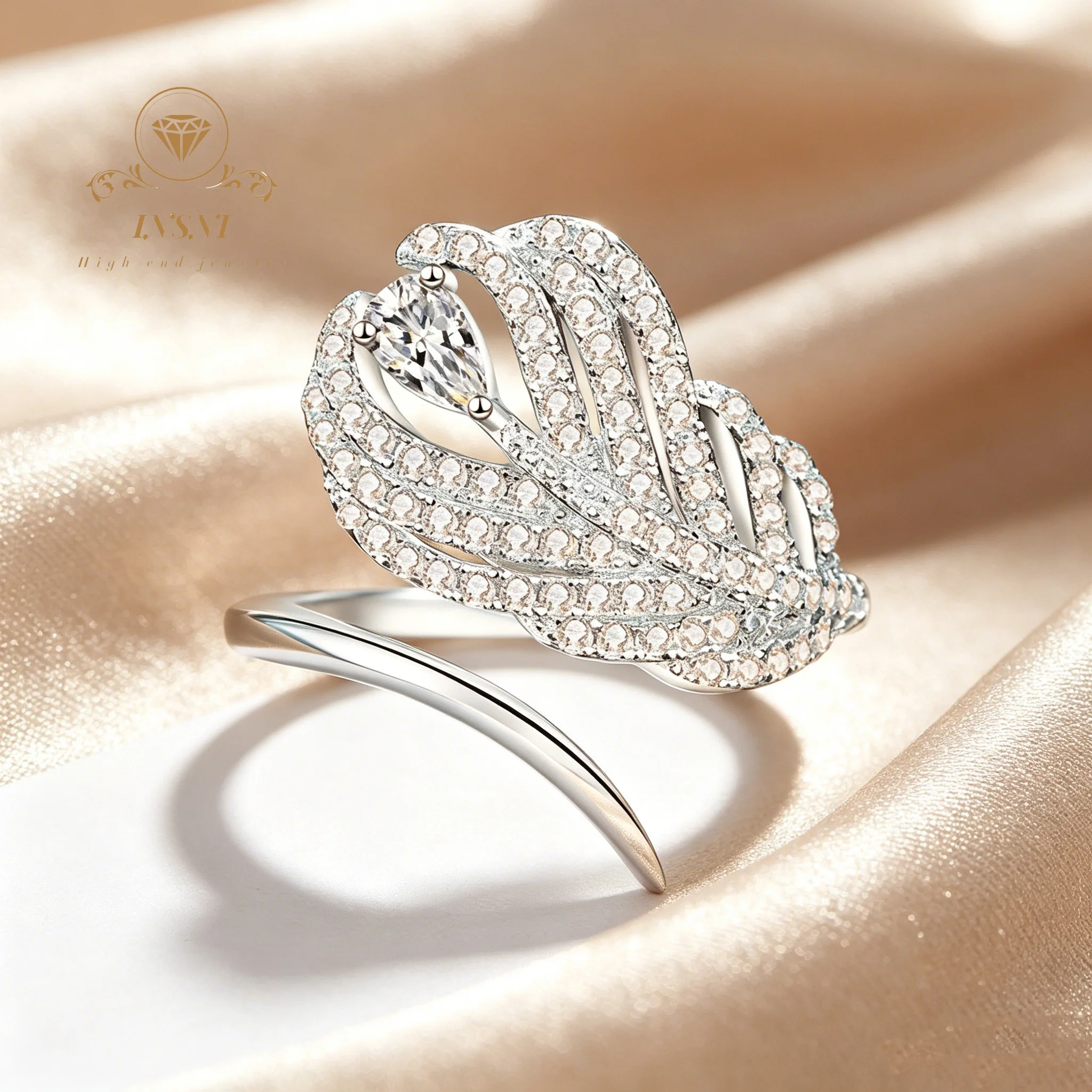 

S925 Sterling Silver Moissanite Ring Female Plantain Leaf Feather Open Ring Cold Wind Exquisite Gorgeous Affordable Gift Jewelry