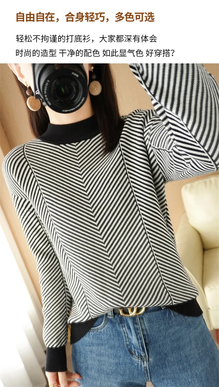 Women's autumn and winter 100% pure cotton knitted semi high neck pullover casual striped warm sweater fashionable hot selling