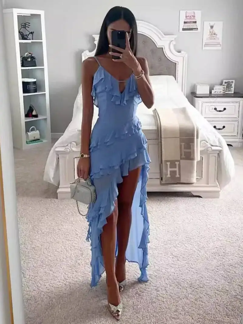 女性不規則なタッセル夏のトレンドスキニースプリットマキシボディコン誕生日パーティークラブウェア Vestidos ブルーエレガントな女性ストラップ CS87