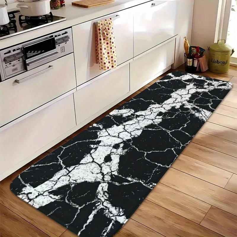 Black White Marble Vein Long Bath Runner Mat Anti Slip Absorbent Floor Rug Modern Stone Carpet for Bathroom Sink Kitchen Laundry