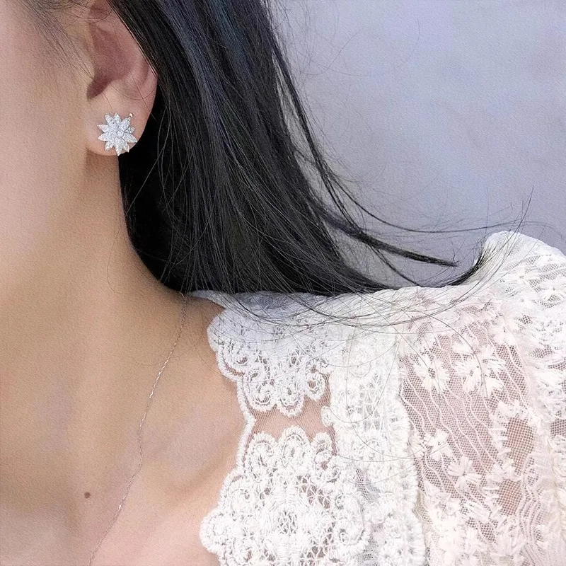 Huitan Aesthetic Flower Stud Earrings Full Paved Cubic Zircon Sparkling Ear Piercing Accessories for Women Wedding Party Jewelry