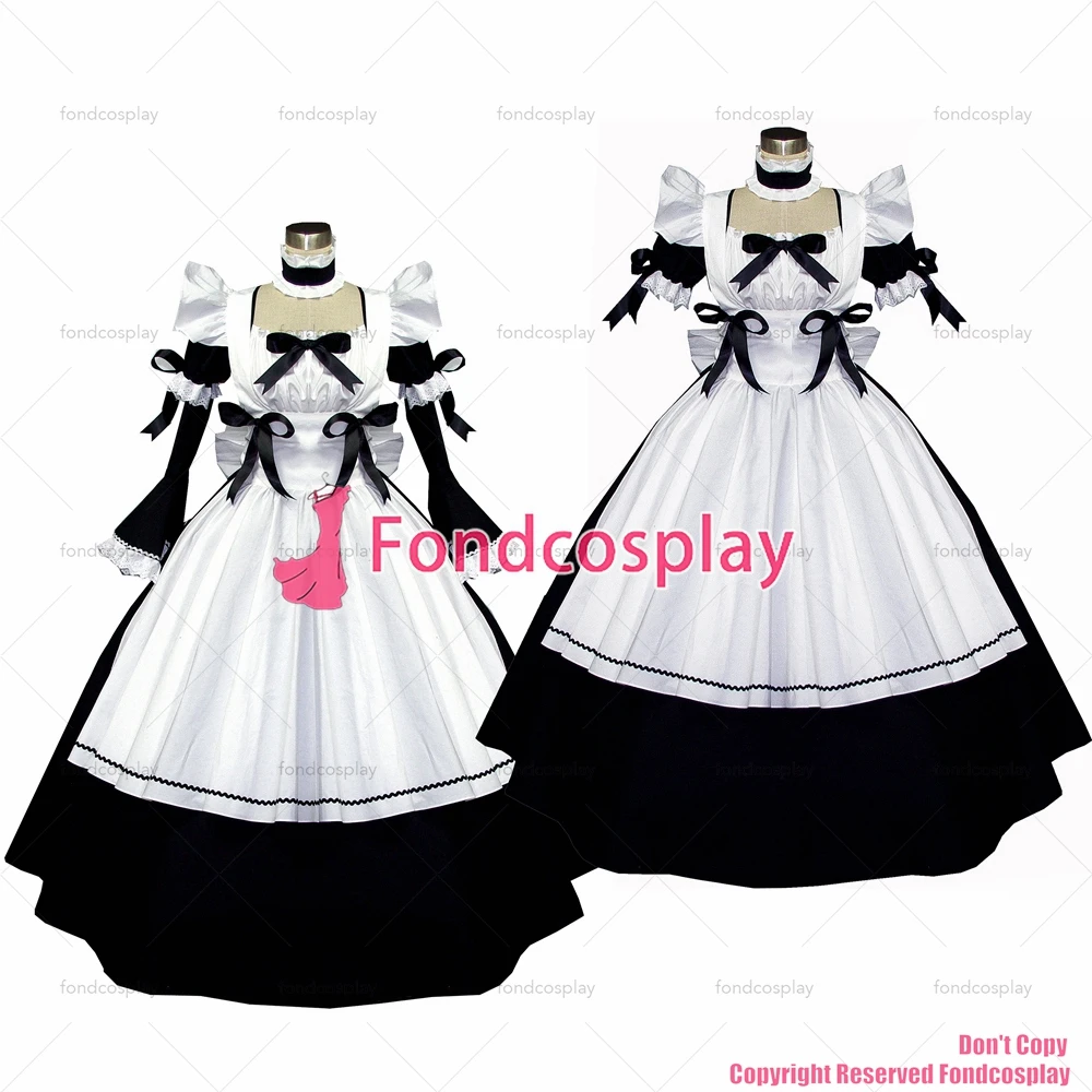 fondcosplay adult sexy cross dressing sissy maid long Lovely Dress Black Cotton Lockable Uniform white apron Custom-made[G526]