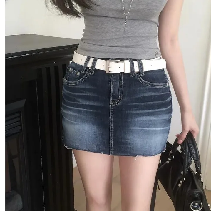 

High Waist High Elastic Denim Half Skirt Chic A-Line Skirt with Frayed Hem for Women Korean Style Summer Fashion 2026