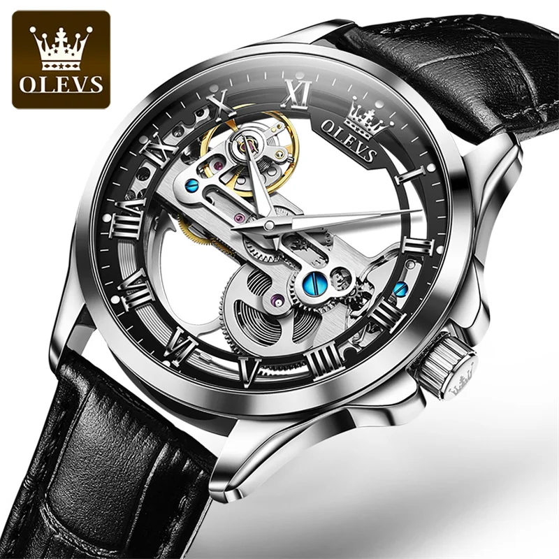 OLEVS Brand Hot Sale Skeleton Hollow Leather Men\'s Wrist Watches Luxury Automatic Mechanical Male Clock New Relogio Masculino