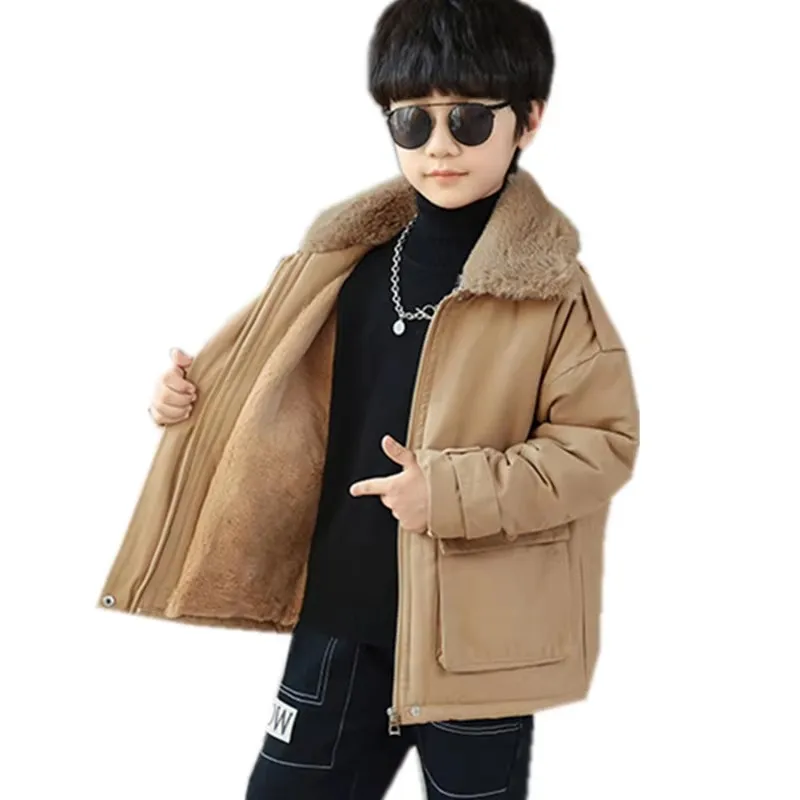 

Teen Boy Winter Warm Insulated Parka Jacket Child Khaki Retro Plus Thicken Coat Outerwear With Fur Collar Kids Windbreaker Coat